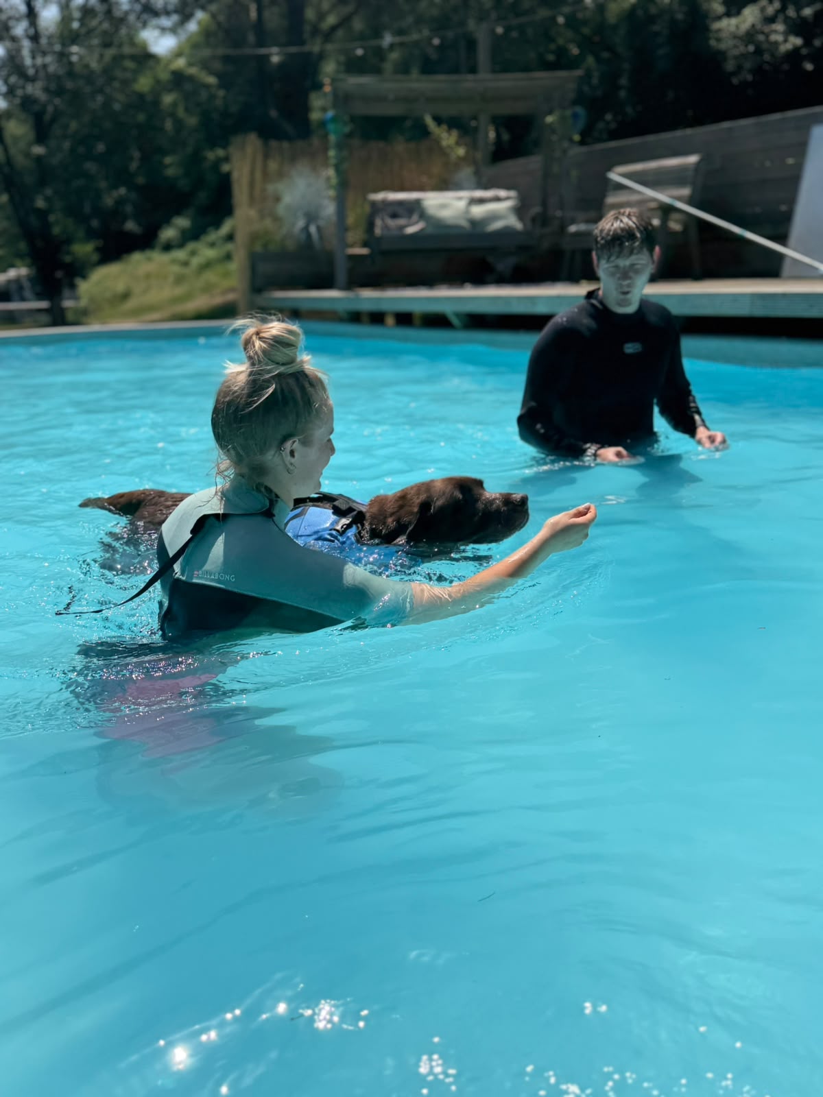 SPLASH team guiding a dog through the pool at Duncan's Dog Co.